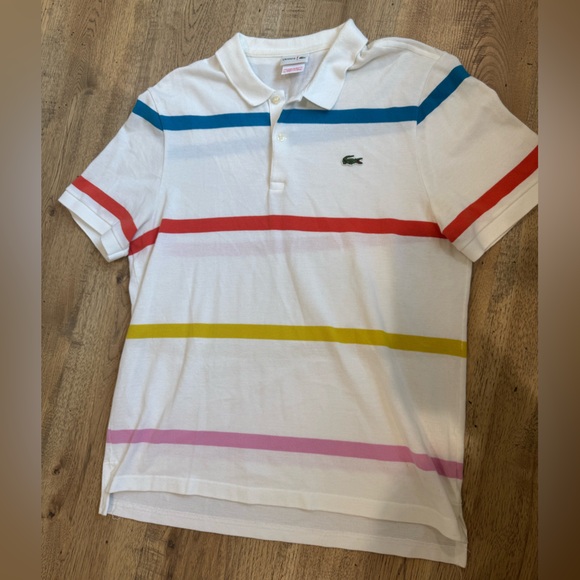 Lacoste White Polo with Blue and Red Stripes - Picture 1 of 3